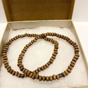 Beach Bum Boho Wooden Beaded Stretch Bracelets Brown and Copper Beads Set of 2